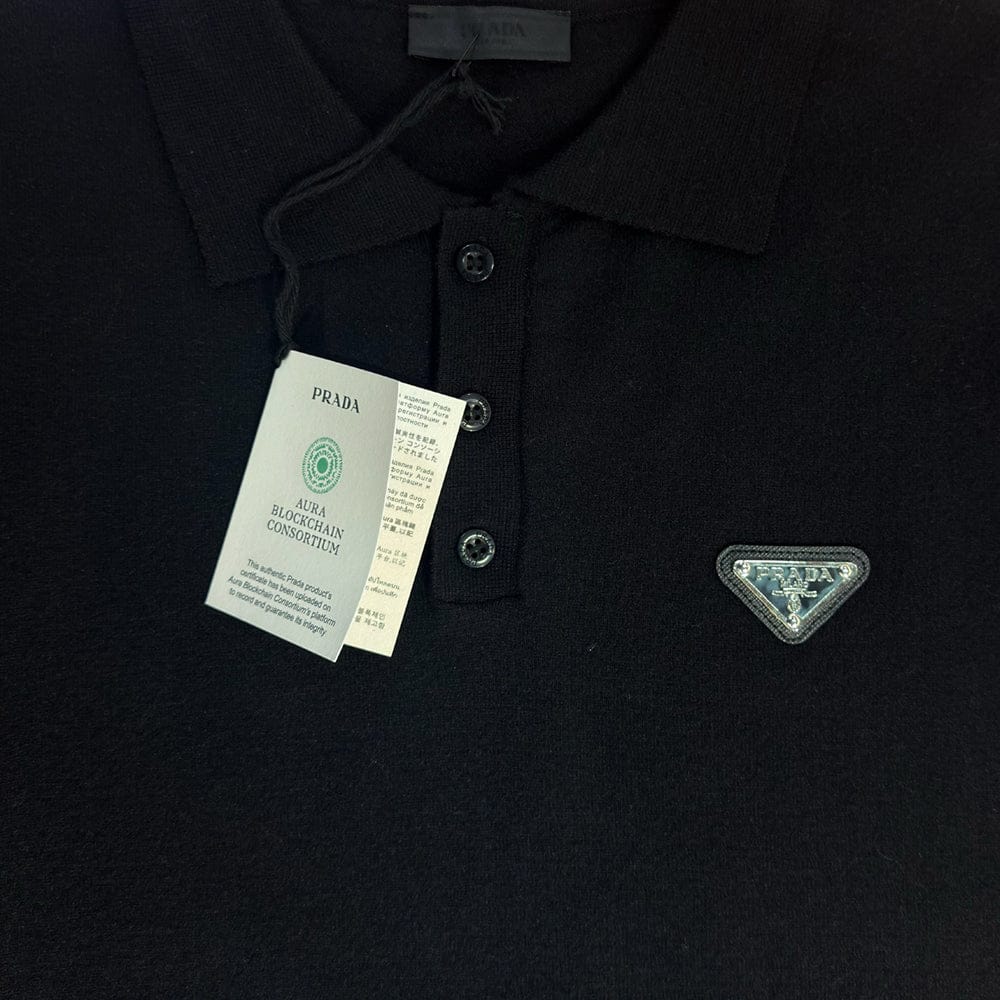 PRADA Metal Triangle Logo Knit Polo Shirt